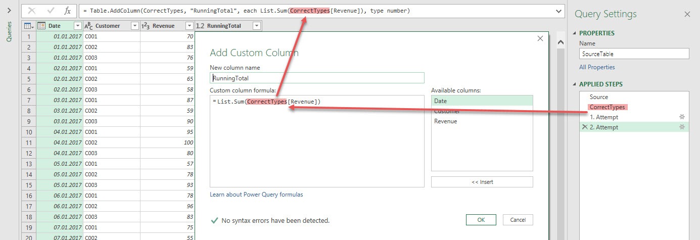 2. Attempt: Referencing to revenue of another table, Power Query, Power BI Desktop