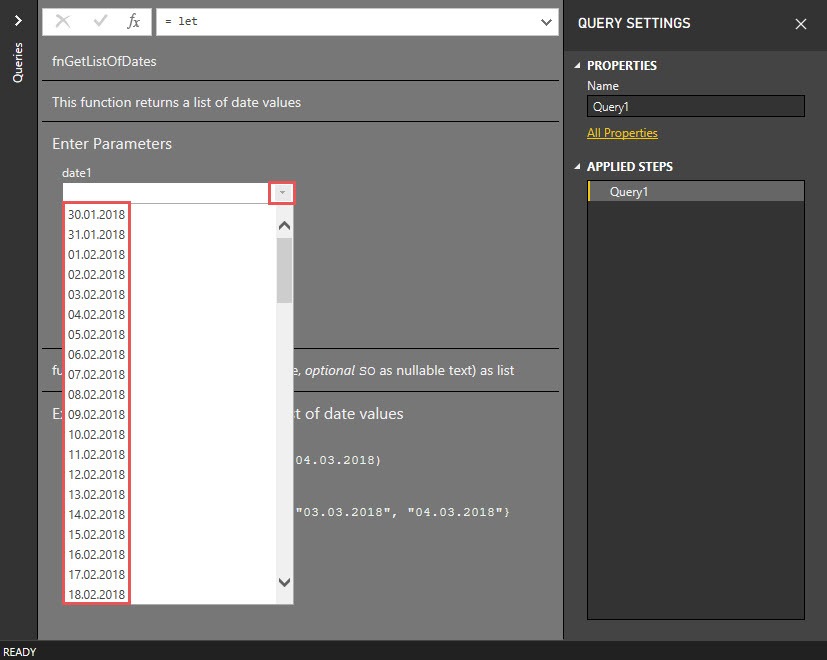 Selecting dates from a drop down list of allowed dates, Power Query, Power BI Desktop