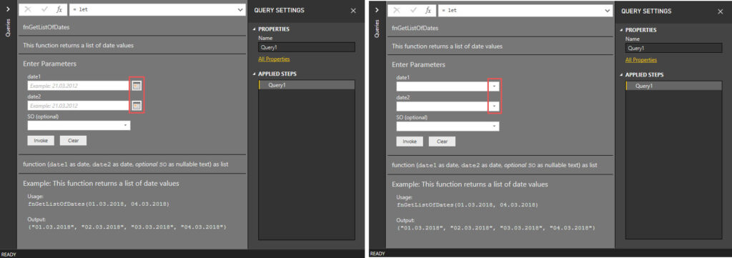 Different user interface for dates and dates with allowed values only, Power Query, Power BI Desktop