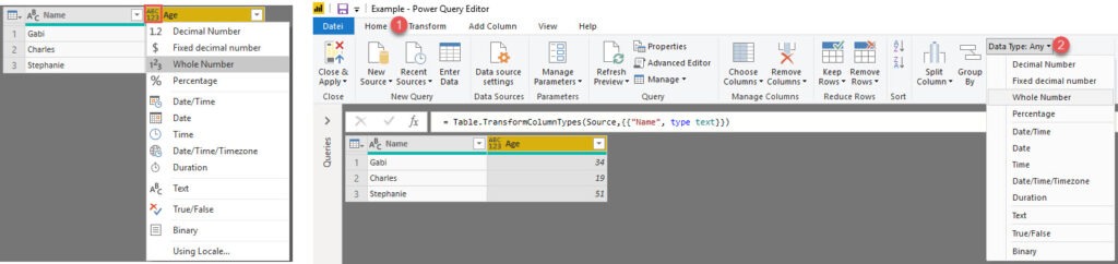 Changing the column types, using the GUI, Power Query, Power BI