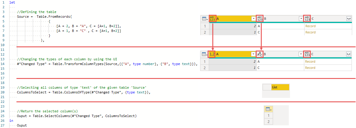 Using Table.ColumnsOfTypes to select columns of type text from a table with defined types using the UI, Power Query, Power BI Desktop