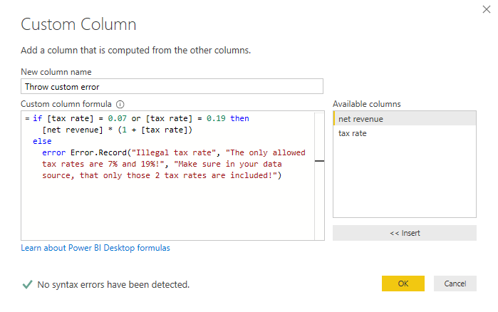 Throwing a custom error by writing the Error.Record manually, Power Query, Power BI Desktop