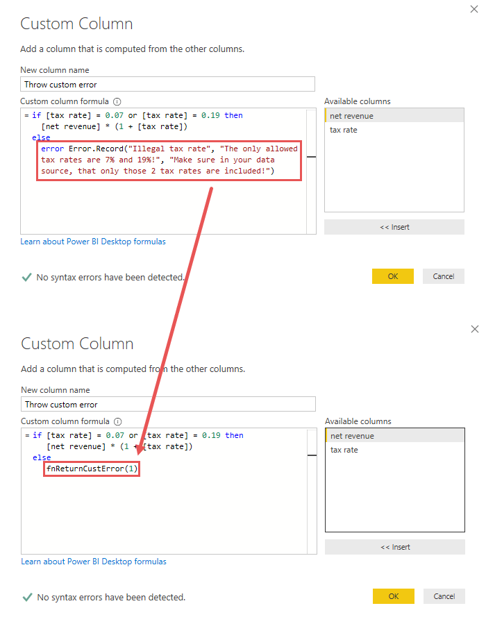 Throwing a custom error by calling a custom function and the passed custom error ID, Power Query, Power BI Desktop