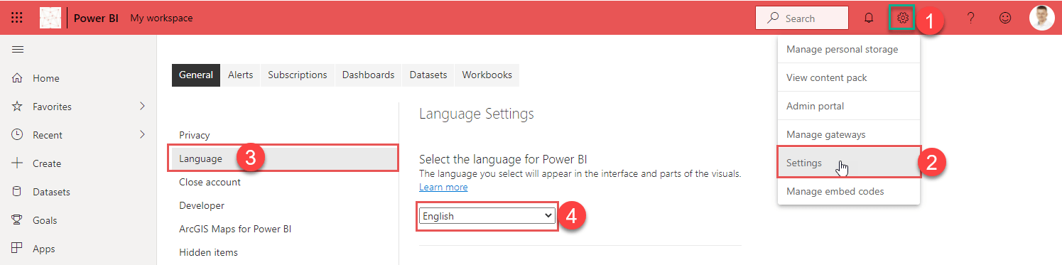 Switching languages in the Pwer BI service