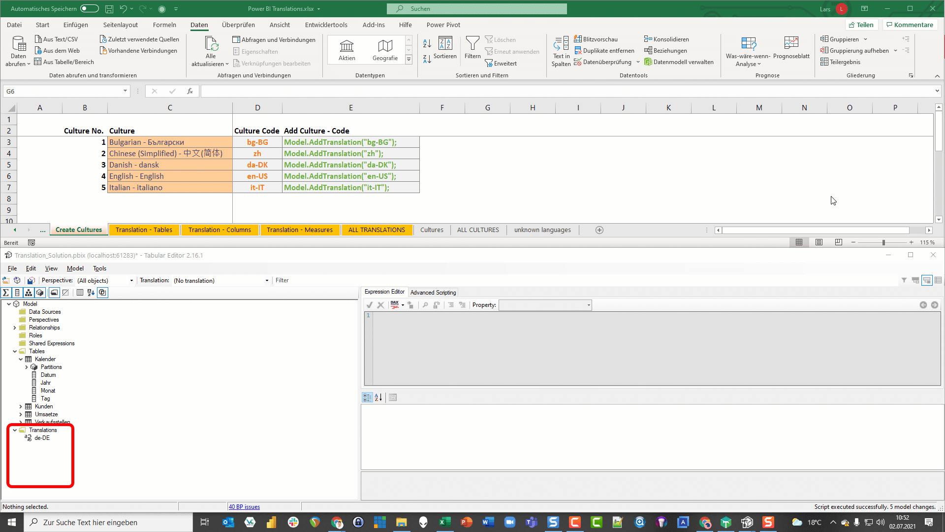 Create Cultures quickly by using C# code in Tabular Editors' Advanced Scripting window, Power BI